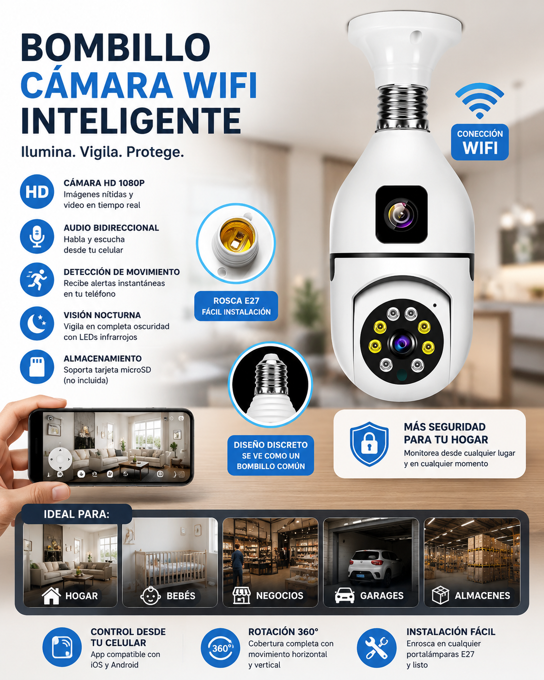 BOMBILLO CÁMARA WIFI INTELIGENTE